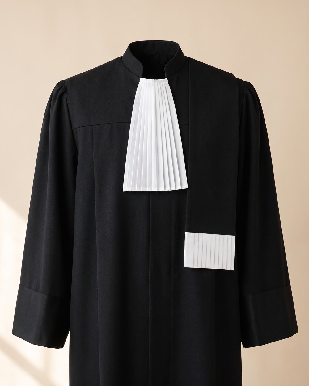 Detaliu roba de avocat: baveta alba plisata si capatul etolei albe